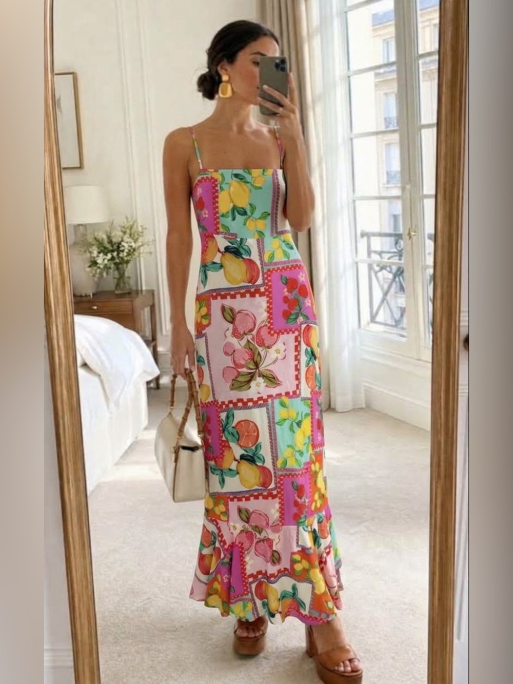 Paper Heart Printed Maxi Dress Fruit Patchwork Ruffle Hem XS